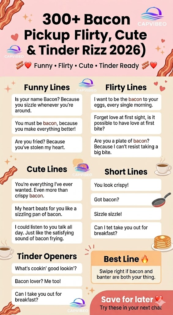 300+ bacon pickup lines infographic featuring funny, flirty, cute, and Tinder-ready lines with a playful breakfast theme and pastel aesthetic design
