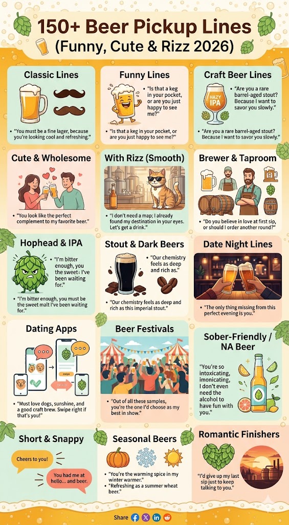 Infographic showing 150+ beer pickup lines for 2026, categorized into Classic, Funny, Craft, Romantic, Dating App, Festival, and Short & Snappy lines. Bright, playful design with beer-themed illustrations.