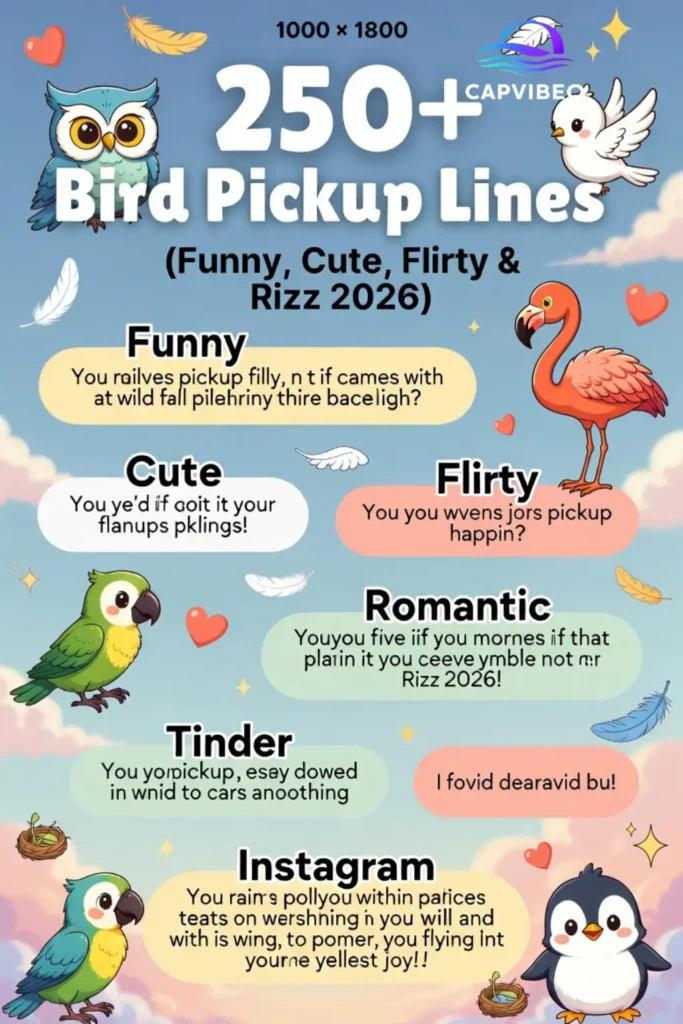 Colorful infographic showing 250+ bird pickup lines, including funny, cute, flirty, and romantic rizz lines with cartoon birds and sky-themed design.