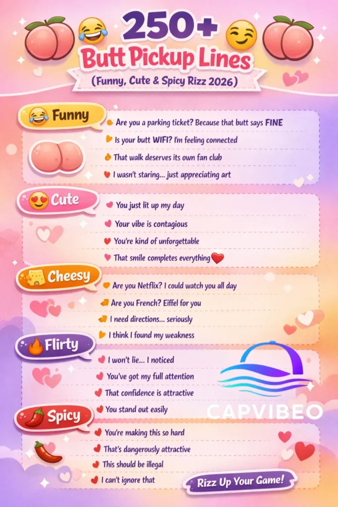 Infographic of 250+ butt pickup lines in categories: Funny, Cute, Cheesy, Flirty, and Spicy. Bright, playful design with cartoon emojis and bold typography for Tinder, Instagram, and social media.