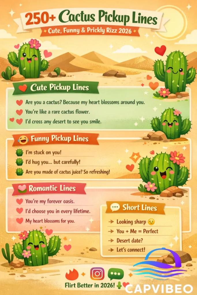 Infographic showing 250+ cactus pickup lines, including cute, funny, romantic, and short rizz lines for Tinder, Instagram, and modern flirting.