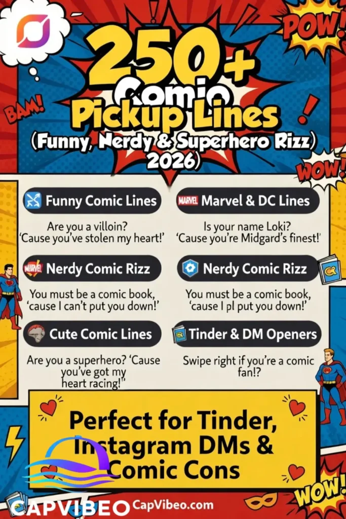 Comic pickup lines infographic featuring funny superhero, Marvel, DC, and nerdy comic rizz lines for Tinder, Instagram DMs, and comic conventions.