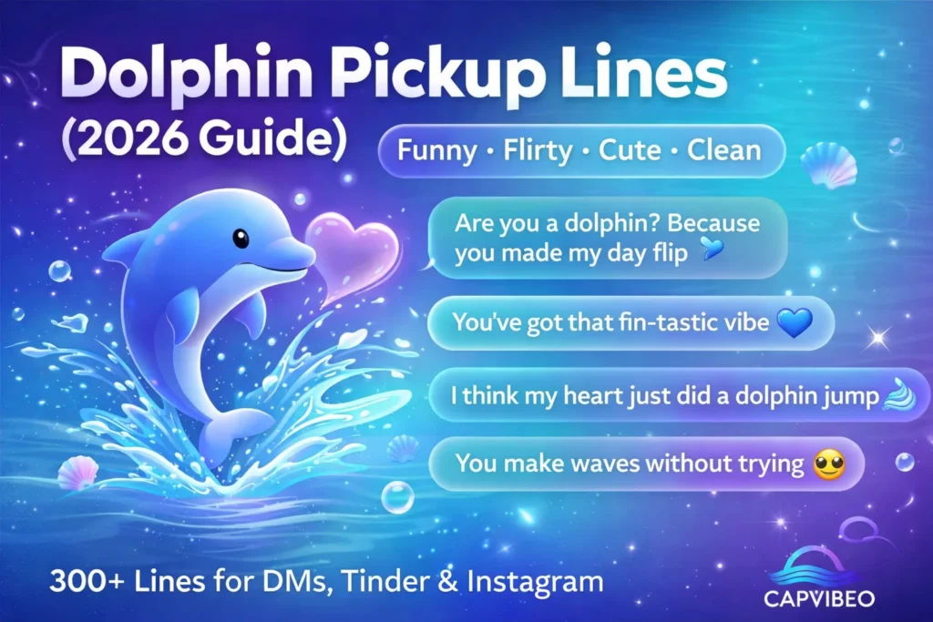 Dolphin pickup lines infographic with cute cartoon dolphin and examples of funny, flirty, and clean ocean-themed lines for texting and social media