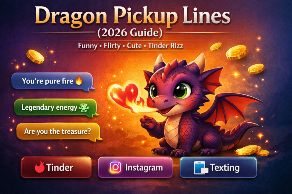 Dragon pickup lines infographic showing a cute cartoon dragon with funny, flirty, and cute pickup lines for Tinder, Instagram, and texting in 2026