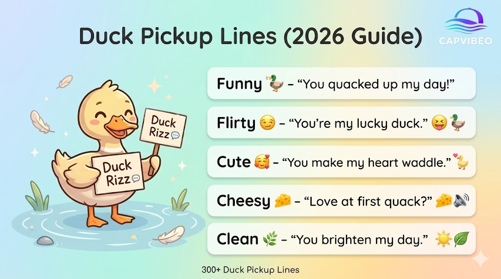 Cute duck infographic showing funny, flirty, and clean duck pickup lines for social media, dating apps, and chat conversations.