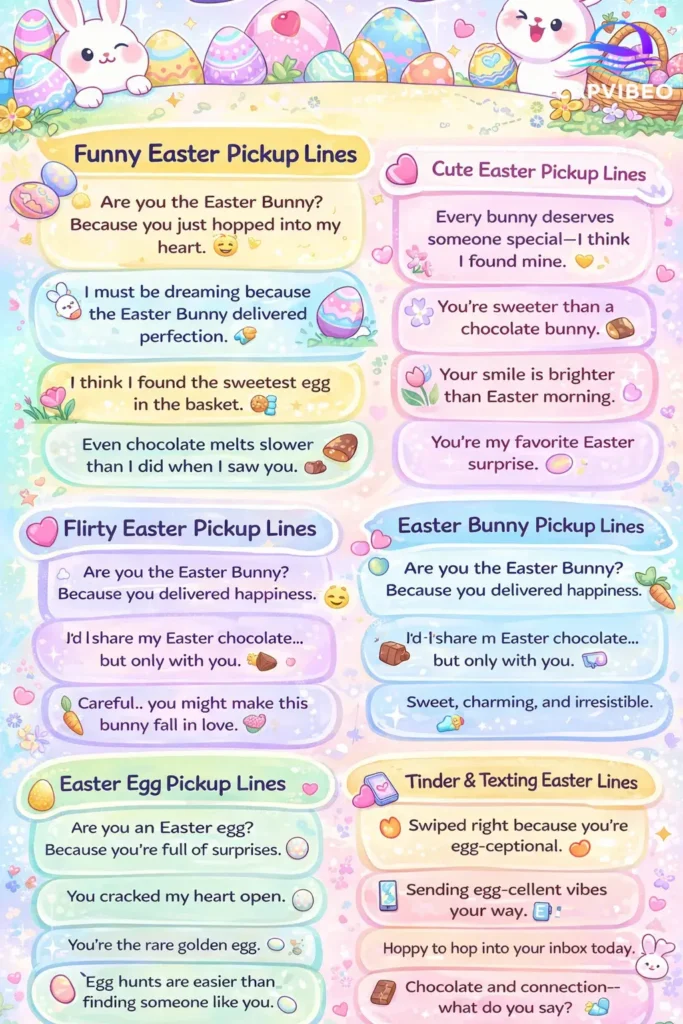 Infographic showing 250+ Easter pickup lines, including funny, cute, flirty, bunny, and egg puns, perfect for Tinder, texting, Instagram captions, and Easter parties.