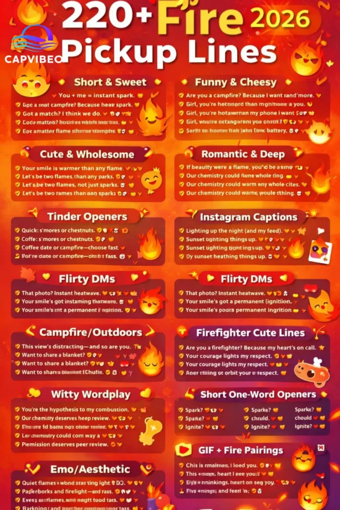 "Infographic showing 220+ fire-themed pickup lines for Tinder, Instagram, and DMs, organized into 15 categories like Funny, Cute, Romantic, and Witty lines with flames, hearts, and emojis."