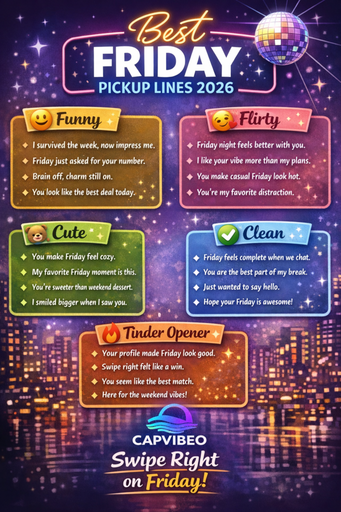 Friday pickup lines infographic 2026 with funny, flirty, cute, clean, and Tinder openers