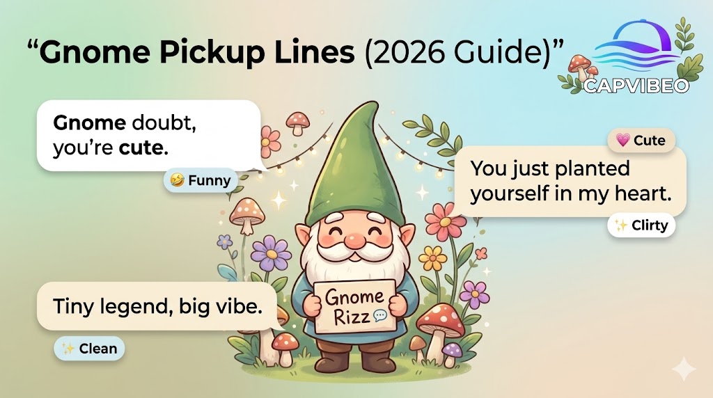 Gnome pickup lines infographic with cute garden gnome, chat bubbles, and funny, flirty, and clean rizz lines for 2026