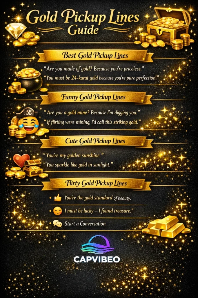 Gold pickup lines infographic showing funny, cute, flirty, and romantic golden rizz lines with tips for using pickup lines on Tinder, Instagram, and texting.