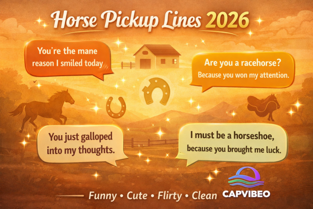 Horse pickup lines infographic 2026 showing funny, cute, flirty, and clean horse rizz chat examples on a smartphone with horse-themed design elements.