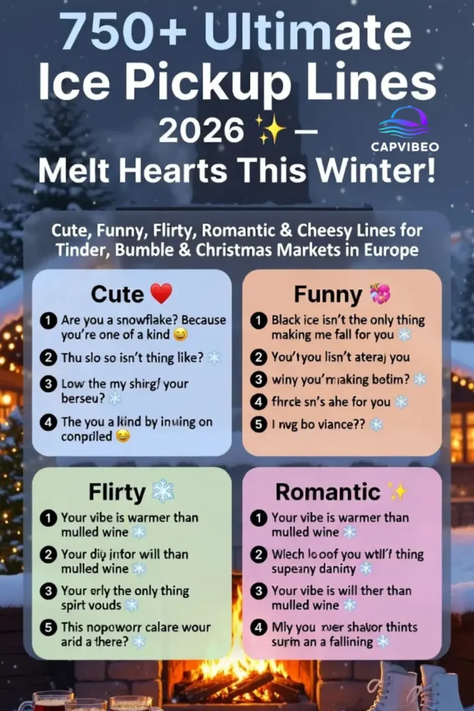 "750+ Winter Ice Pickup Lines 2026 infographic – cute, funny & flirty openers for dating apps & Christmas markets "