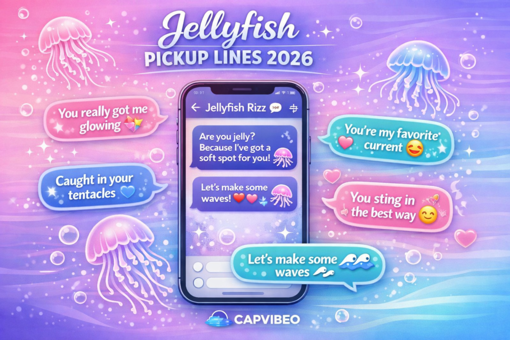 Jellyfish pickup lines 2026 infographic with a colorful ocean gradient, smartphone chat bubbles, and playful flirtatious text.