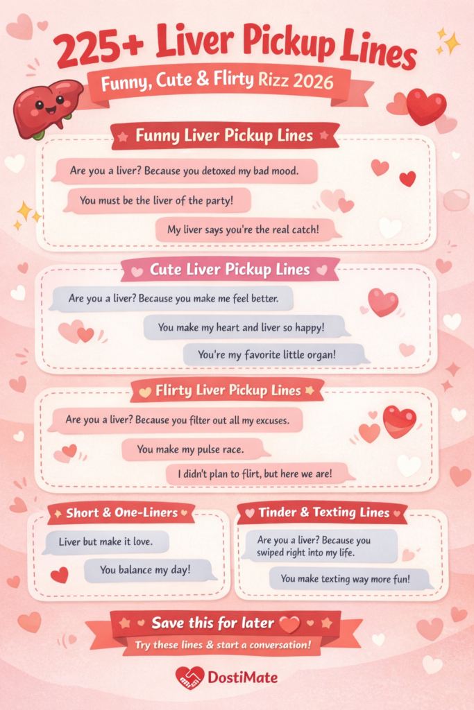 Infographic showing 225+ liver pickup lines, including funny, cute, flirty, and Tinder-ready lines for texting, captions, and social media use in 2026.
