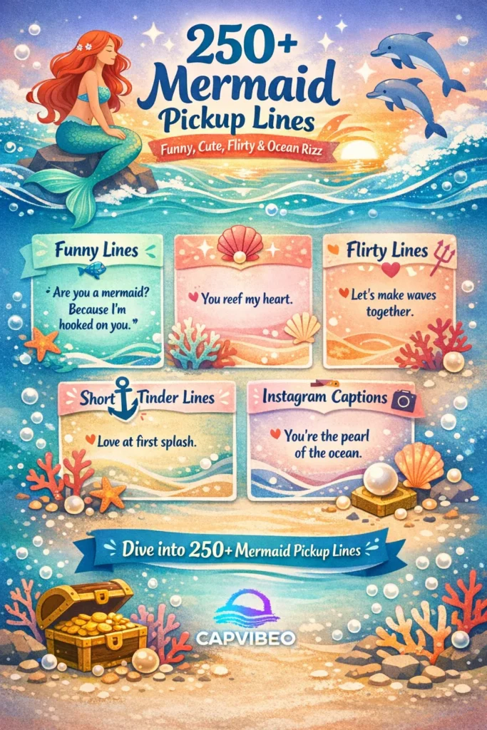 Infographic showing 250+ mermaid pickup lines, including funny, cute, flirty, and ocean rizz lines for Tinder, Instagram captions, beach flirting, and texting conversations.