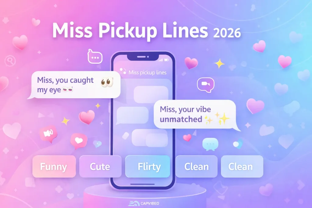 Infographic showing Miss pickup lines for 2026 with funny, cute, flirty, and clean examples for Tinder, Instagram, and chat conversations