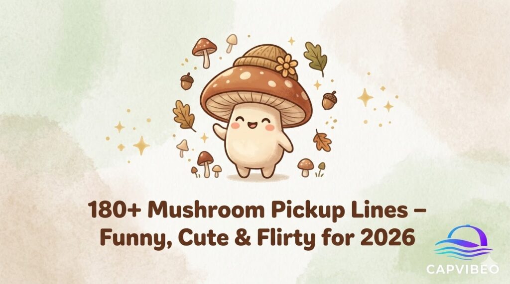 "Infographic showing a smiling cartoon mushroom with playful text '180+ Mushroom Pickup Lines β Funny, Cute & Flirty for 2026' surrounded by pastel forest elements."