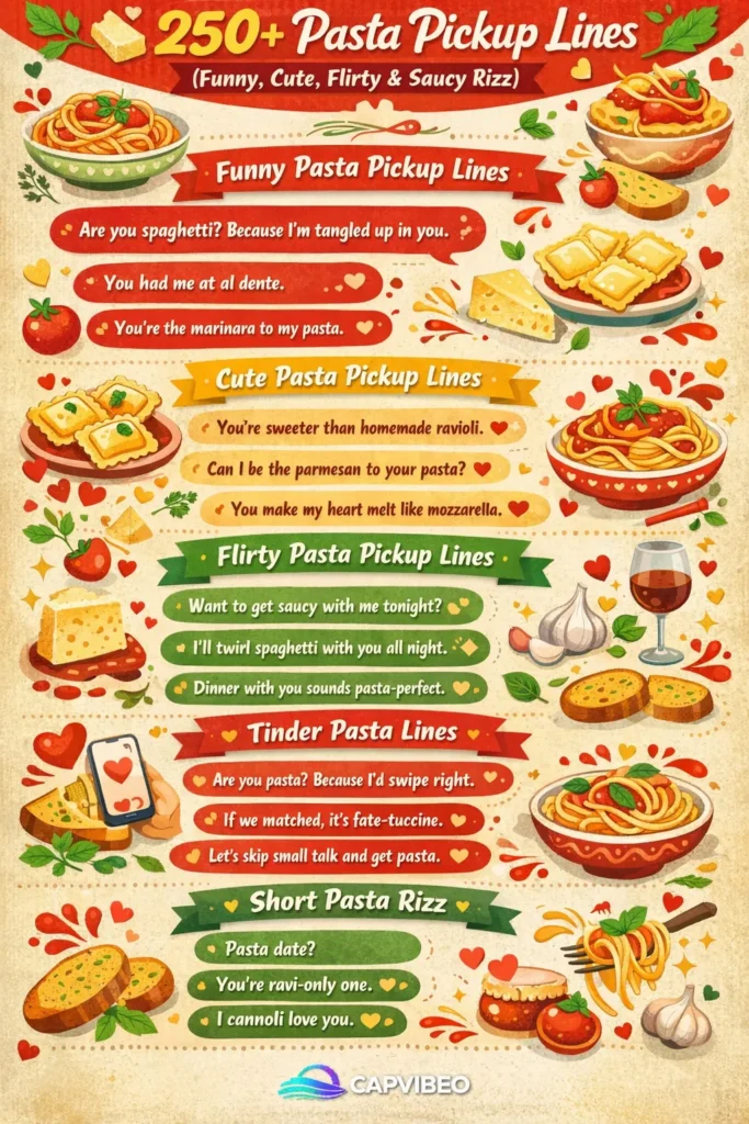 "Vertical infographic: 250+ Pasta Pickup Lines in a fun Italian food theme with red, yellow & green colors, pasta icons, hearts, and example lines like 'Are you spaghetti? Because I’m tangled up in you."