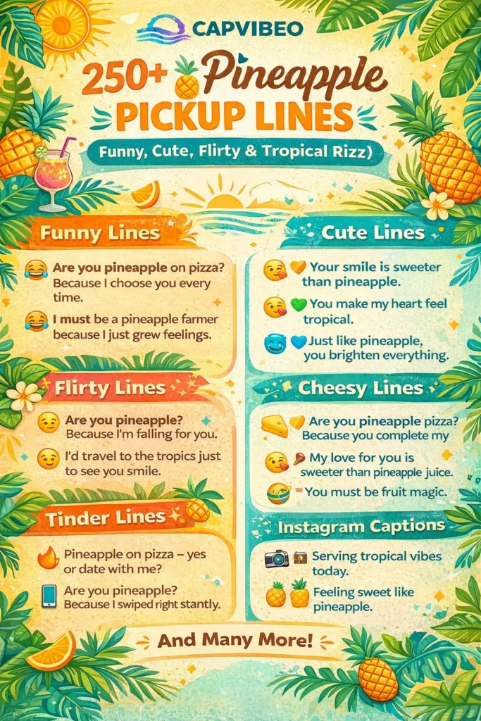 Vertical infographic showing 250+ pineapple pickup lines, categorized into funny, cute, flirty, cheesy, Tinder, and Instagram captions. Colorful tropical design with pineapples, tropical leaves, and emojis for social media, online flirting, and dating inspiration.