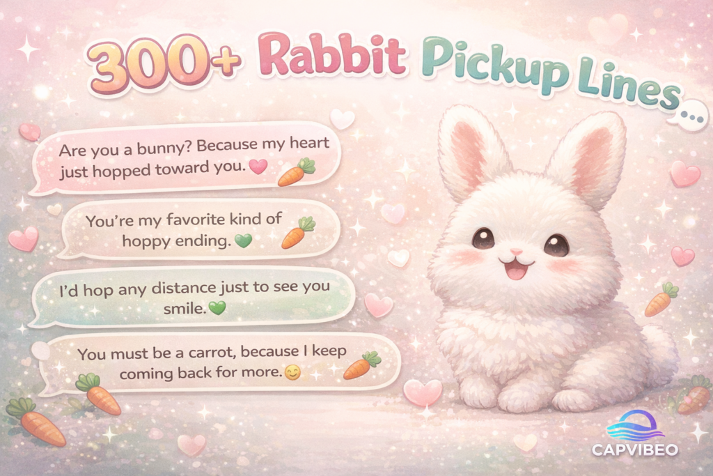 Cute rabbit infographic with funny, flirty, and romantic bunny pickup lines for Tinder, Instagram, and DMs.
