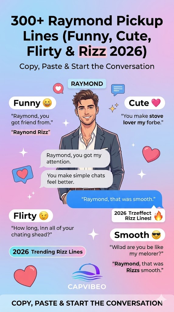 Raymond's pickup lines infographic with funny, cute, flirty, and smooth pickup lines for Tinder, DMs, and social media captions in 2026