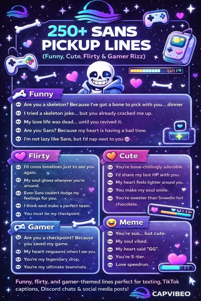 "Infographic of 250+ Sans pickup lines, including funny, cute, flirty, cheesy, gamer, meme, and short rizz lines inspired by Undertale. Features skeletons, bones, hearts, save points, and gaming visuals for TikTok, Discord, and Instagram captions."