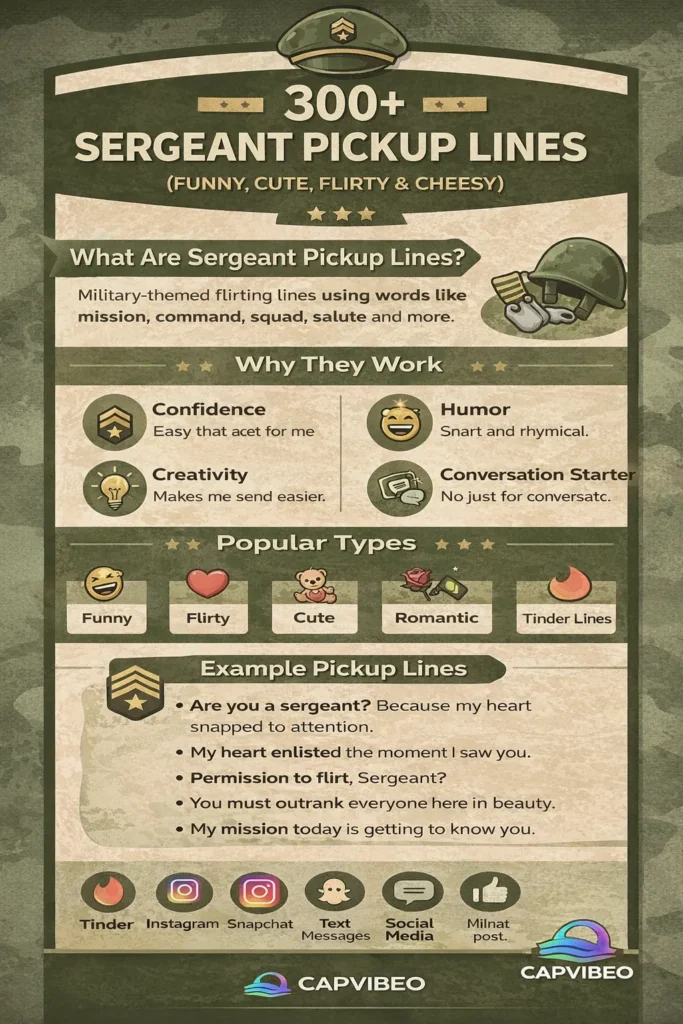 Infographic showing 300+ sergeant pickup lines, including funny, flirty, cute, and romantic military-themed lines for Tinder, Instagram captions, texting, and social media conversations.