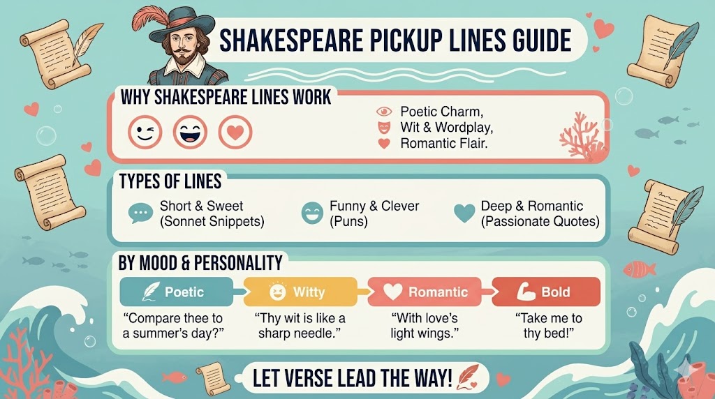 300+ Shakespeare pickup lines infographic featuring funny, romantic, flirty, cute, and rizz lines for Tinder, texting, and modern dating in 2026