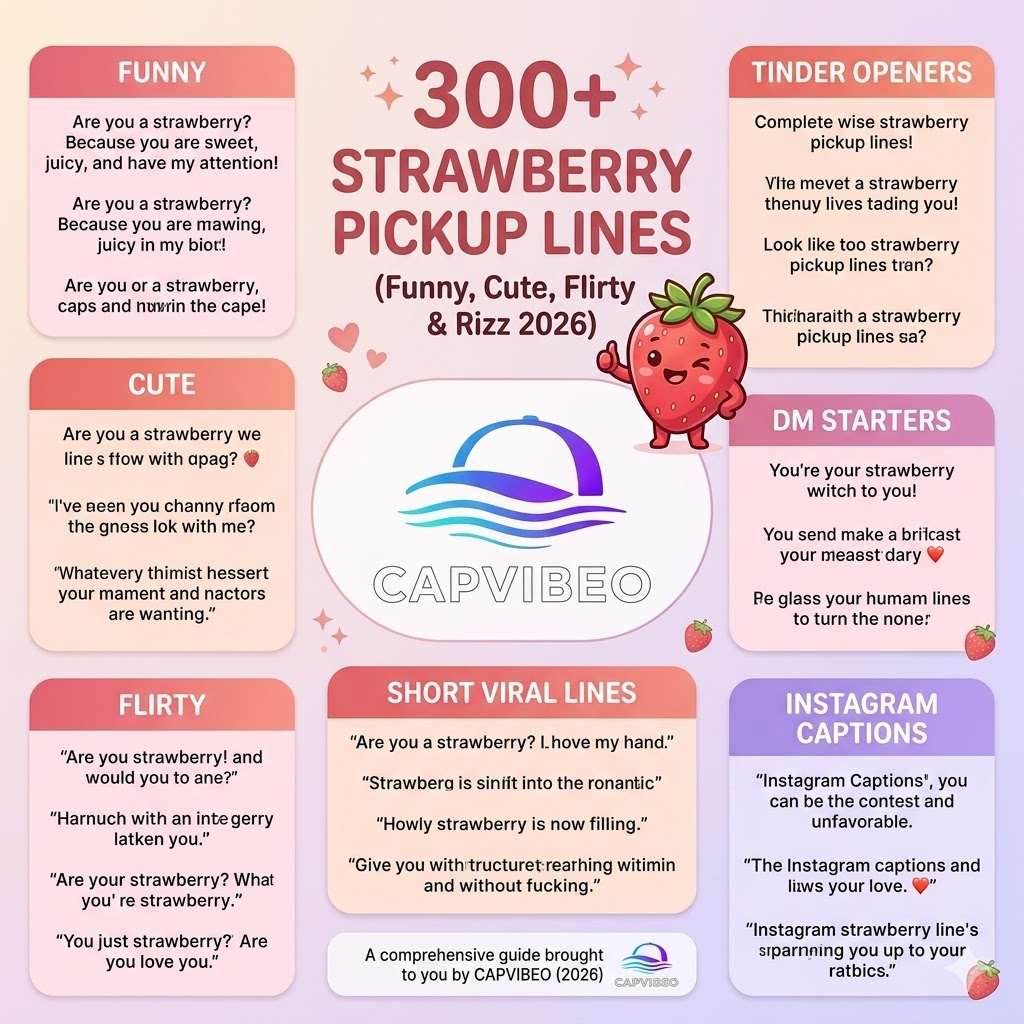  Infographic of 300+ strawberry-themed pickup lines, categorized as funny, cute, flirty, Tinder openers, DM starters, romantic, and Instagram captions, with a cute strawberry illustration and pastel design.