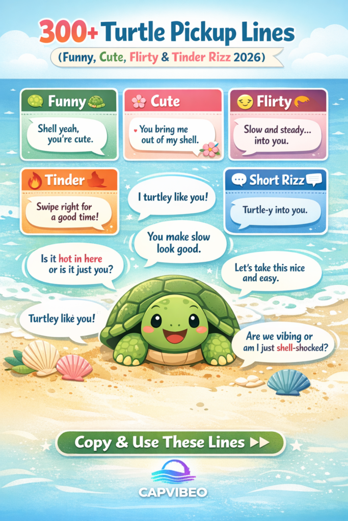 Infographic showing 300+ turtle pickup lines, including funny, cute, flirty, and Tinder rizz lines, with a cartoon turtle and ocean theme