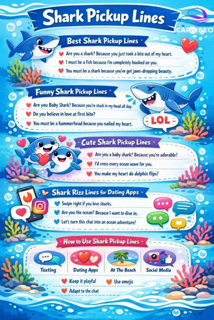 Shark pickup lines infographic with funny, cute, and flirty shark rizz lines for dating apps and social media.