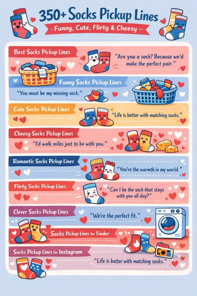 Infographic showing 350+ socks pickup lines, including funny, cute, romantic, cheesy, flirty, and Tinder pickup lines, with cozy sock illustrations.