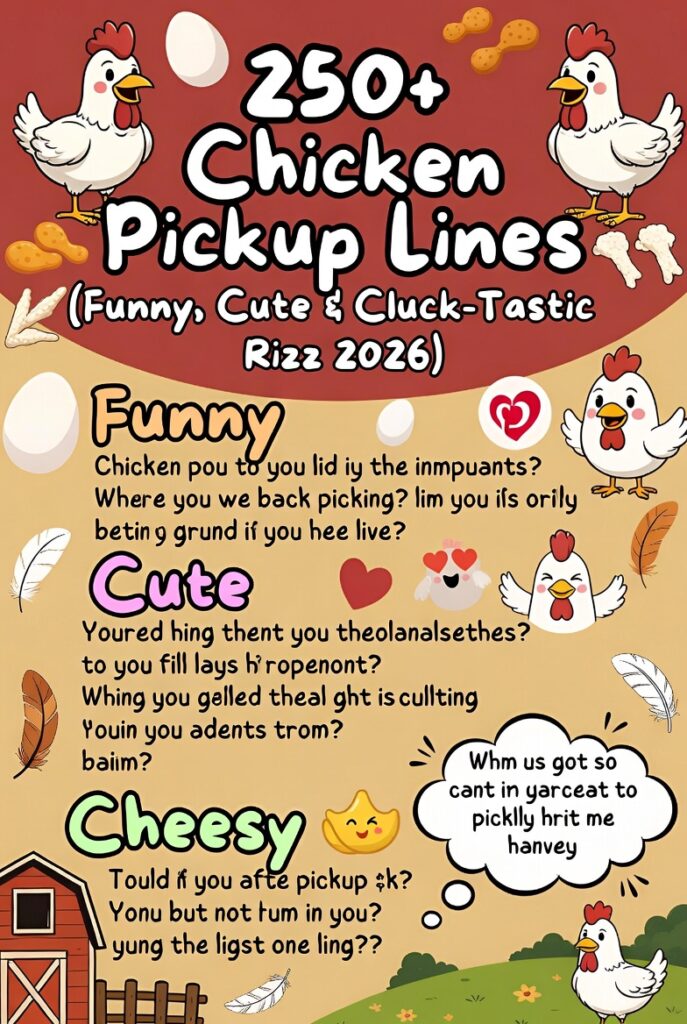 “Colorful vertical infographic showcasing 250+ funny and cute chicken pickup lines with cartoon chickens, eggs, nuggets, wings, and farm-themed illustrations.”