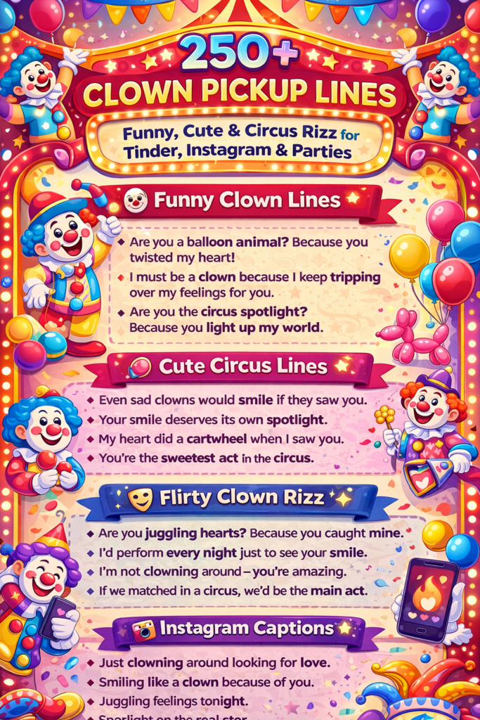Clown pickup lines infographic with funny circus rizz jokes for Tinder, Instagram captions, and party flirting ideas.