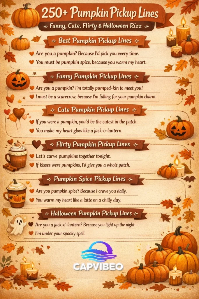 Infographic showing 250+ pumpkin pickup lines, including funny, cute, flirty, Halloween, and pumpkin spice razz lines for Tinder, Instagram captions, and autumn flirting.
