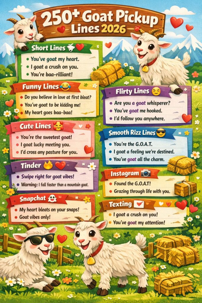 "Vertical infographic showcasing 250+ goat pickup lines for 2026, including short, funny, cute, flirty, and smooth lines with playful cartoon goats, mountains, hearts, and emojis for Tinder, Instagram, Snapchat, and texting."