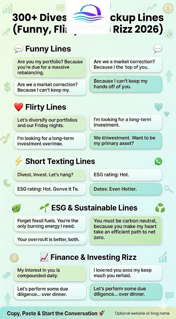Infographic showing 300+ divestment pickup lines, including funny, flirty, ESG, finance, and Tinder-style rizz lines for texting and social media in 2026.