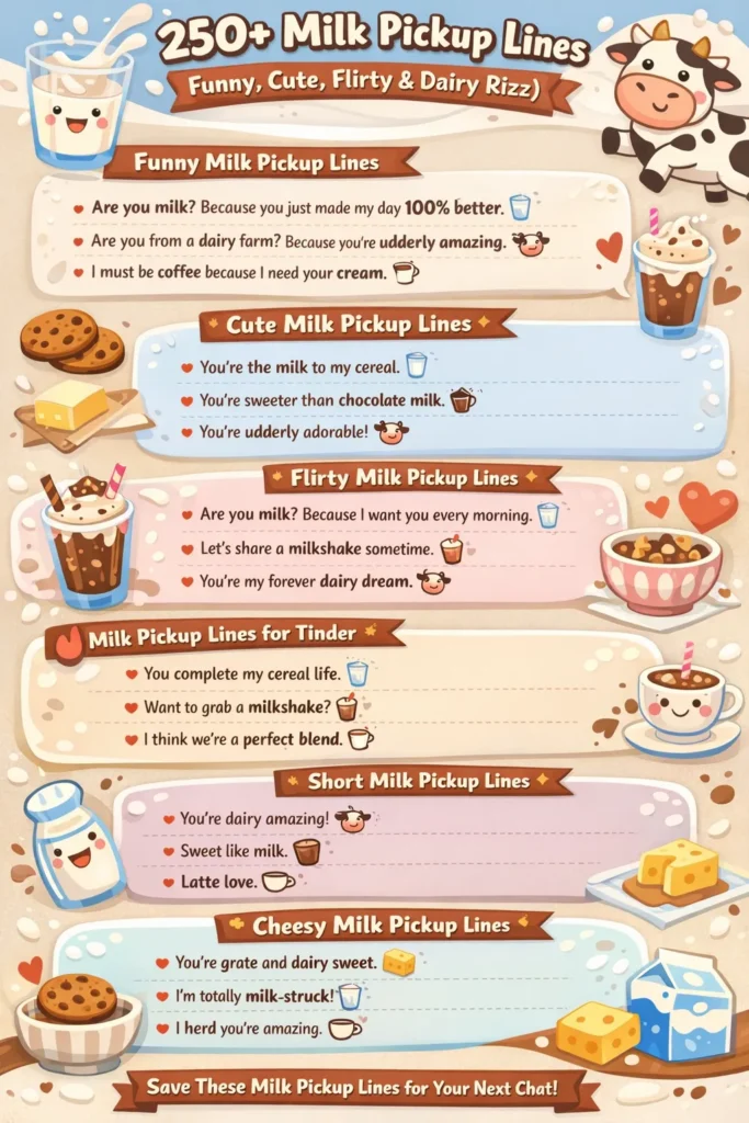 Infographic showing 250+ milk pickup lines, including funny, cute, flirty, romantic, and cheesy dairy-themed rizz lines for Tinder, texting, and Instagram captions.