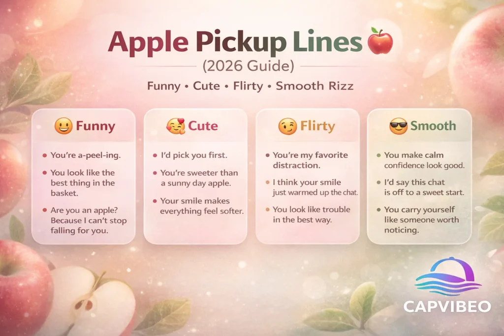 Apple pickup lines infographic showing funny, cute, flirty, and smooth pickup lines for Tinder, texting, and social media in a modern aesthetic design.