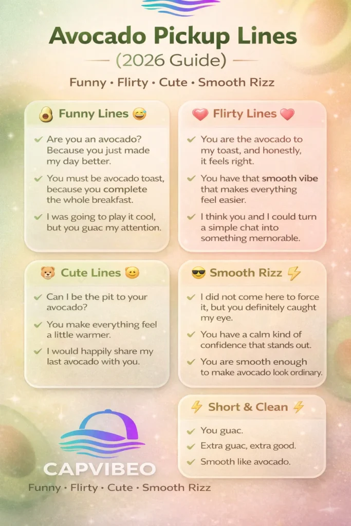 Avocado pickup lines infographic featuring funny, flirty, cute, and smooth rizz lines for Tinder, texting, and Instagram in a modern aesthetic design.