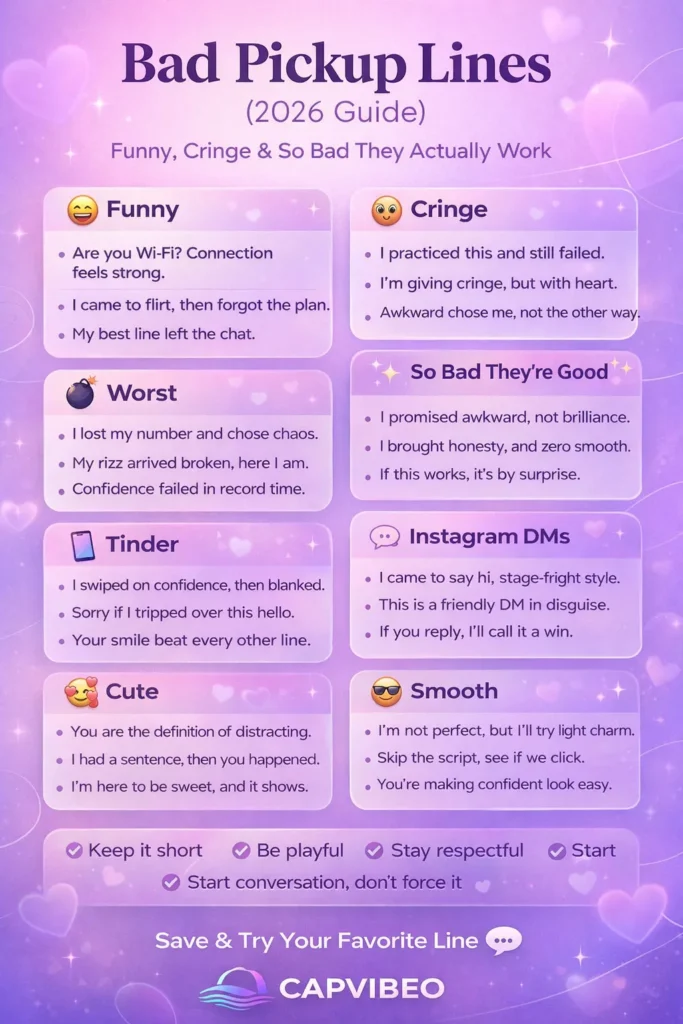 Bad pickup lines infographic showing funny, cringe, cheesy, and Tinder DM openers with short flirty examples and modern dating tips for 2026.