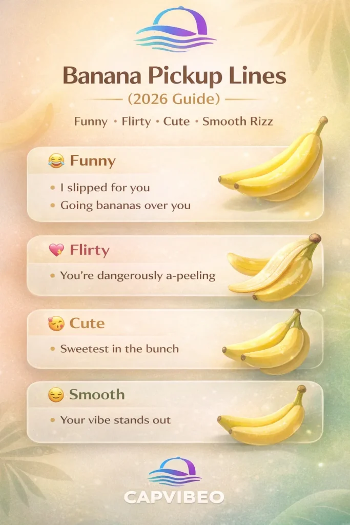 Banana pickup lines infographic featuring funny, flirty, cute, and smooth banana rizz lines for Tinder, texting, and Instagram captions in a modern 2026 design.