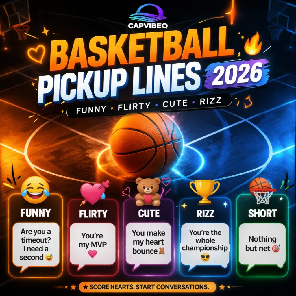 Basketball pickup lines infographic featuring funny, flirty, cute, and risque lines with colorful court design and social media style layout.