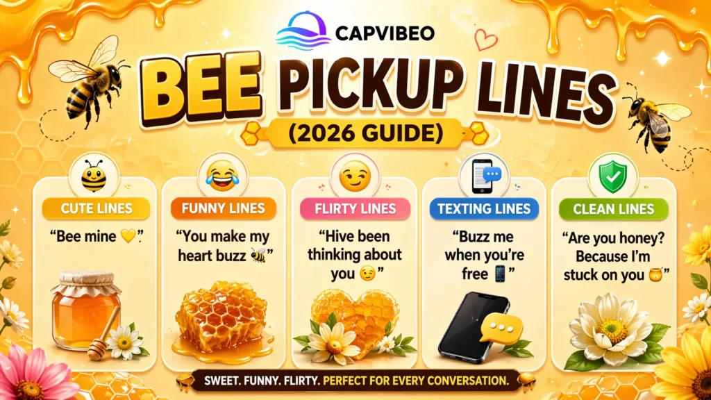 Bee pickup lines infographic showing cute, funny, flirty, and texting lines with honey-themed design and modern layout for the 2026 guide.