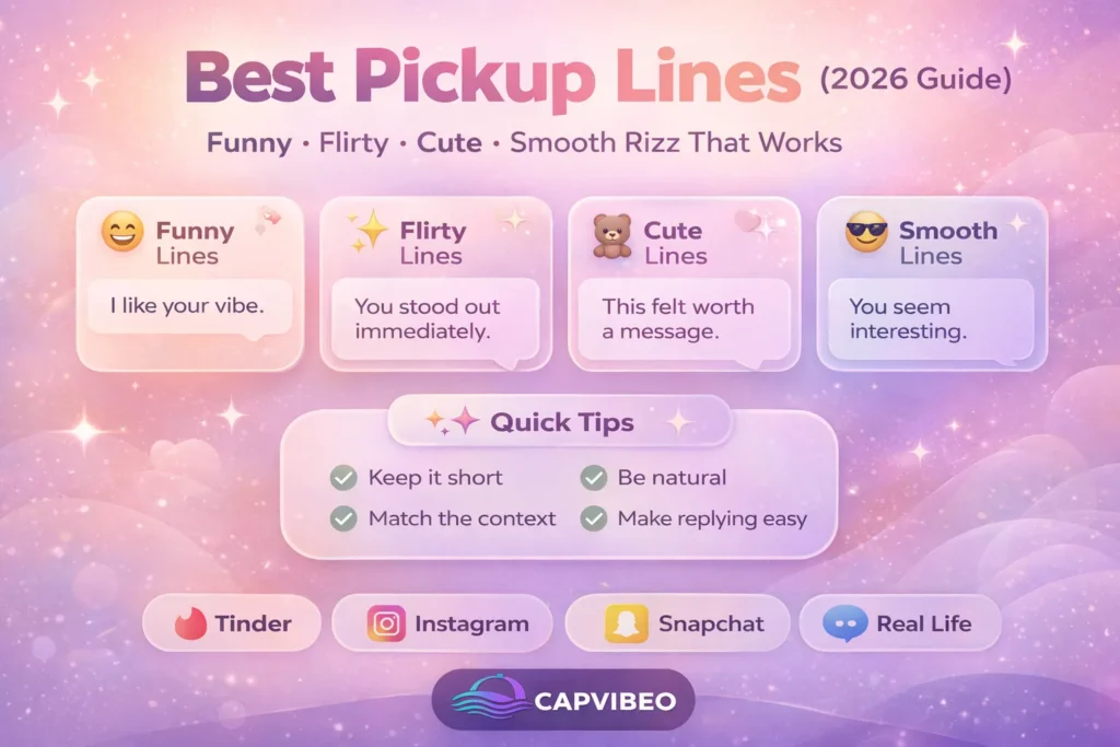 Best pickup lines 2026 infographic showing funny, flirty, cute, and smooth rizz examples for Tinder, Instagram, Snapchat, and real-life conversations.