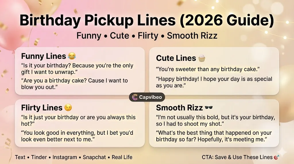 Discover the best birthday pickup lines for texting, Tinder, Instagram, and real-life flirting. Funny, cute, flirty, and smooth rizz lines to stand out instantly.