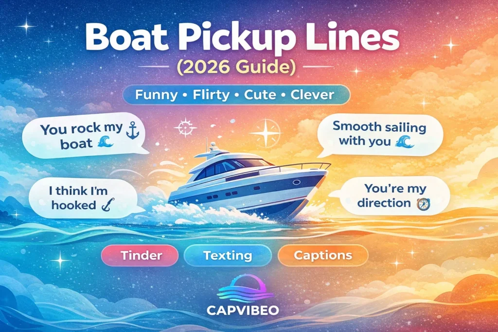 Boat pickup lines infographic featuring funny, flirty, and cute ocean-themed lines for Tinder, texting, and Instagram captions in 2026.
