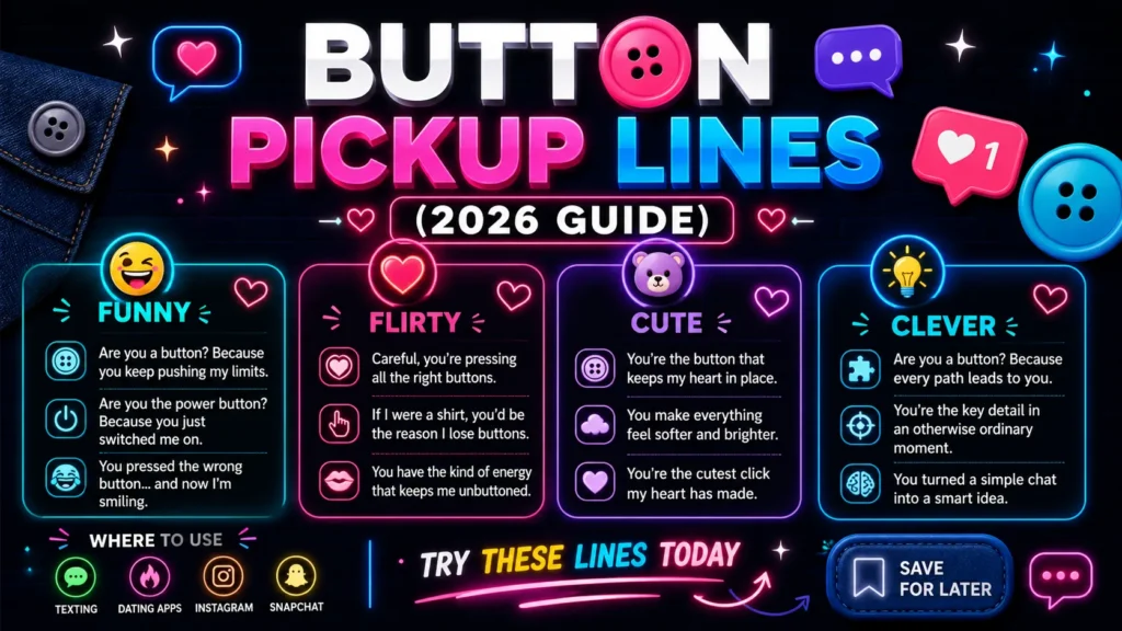 Button pickup lines infographic featuring funny, flirty, cute, and clever examples with neon design, chat icons, and modern social media style layout.