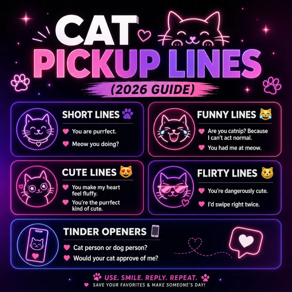  Cat pickup lines infographic featuring funny, cute, flirty, and Tinder-ready lines for 2026 with short examples for DMs, captions, and dating apps.