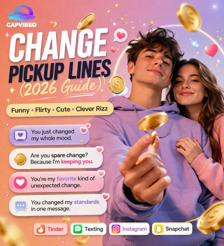 Infographic showing change pickup lines with a stylish Gen Z design, featuring funny, flirty, cute, and clever rizz lines for Tinder, texting, and social media.
